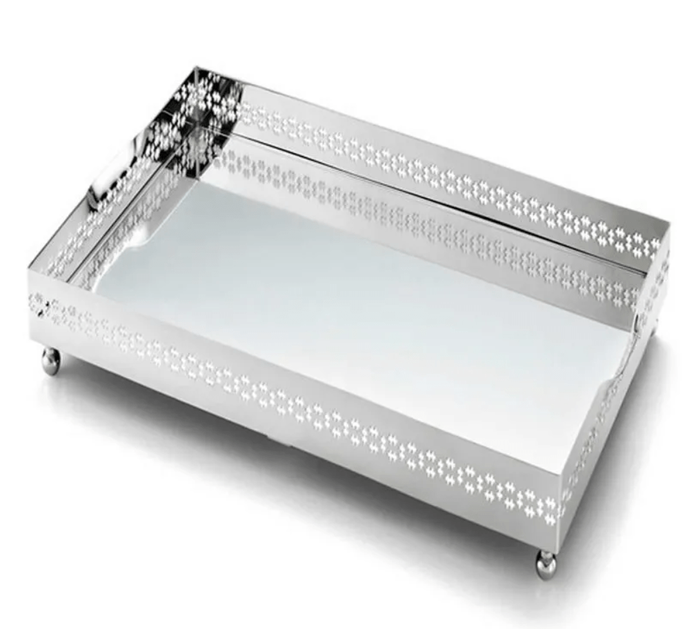 Bandeja Retangular Mirror Cross Média Prata 40cm